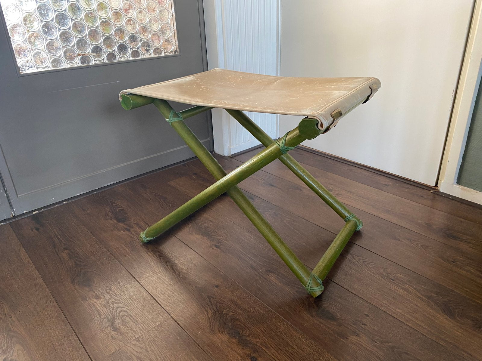 Vintage Regency Italian Beech and Leather Foldable Stool