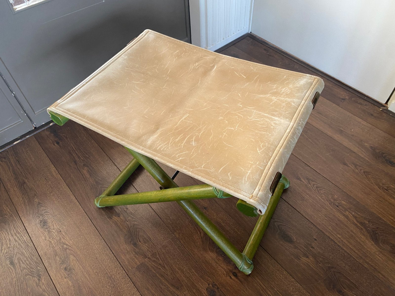 Vintage Regency Italian Beech and Leather Foldable Stool