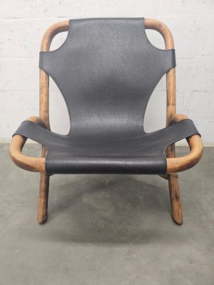 Vintage Relaxation Armchair in Rattan with Black Leather Seat, 1960s-ZJJ-1822185