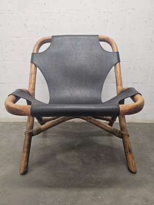 Vintage Relaxation Armchair in Rattan with Black Leather Seat, 1960s-ZJJ-1822185