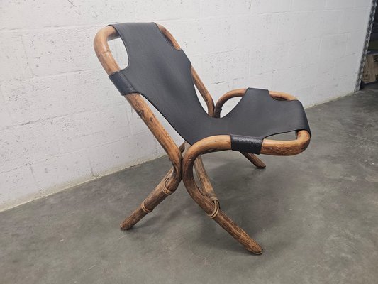 Vintage Relaxation Armchair in Rattan with Black Leather Seat, 1960s-ZJJ-1822185