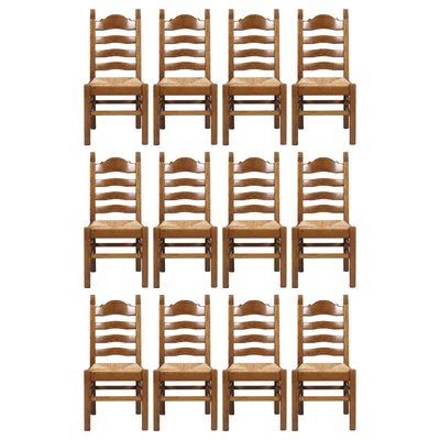 Vintage Renaissance Style Italian Carved Walnut and Straw Dining Chairs, 1950s, Set of 12-NJV-577213