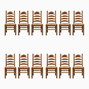 Vintage Renaissance Style Italian Carved Walnut and Straw Dining Chairs, 1950s, Set of 12-NJV-577213