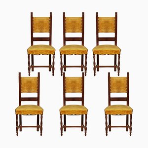 Vintage Renaissance Style Italian Walnut Dining Chairs, 1930s, Set of 6-NJV-575135