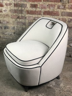 Vintage Retro Lounge Chair in White Velvet with Black Trim, 1980s-RWZ-1332802