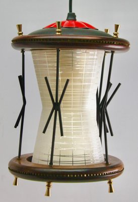 Vintage Ribbed Glass Pendant Lobby Lamp with Wooden Details, 1950s-MJY-1335164