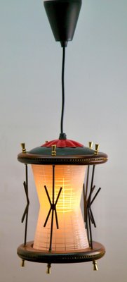 Vintage Ribbed Glass Pendant Lobby Lamp with Wooden Details, 1950s-MJY-1335164