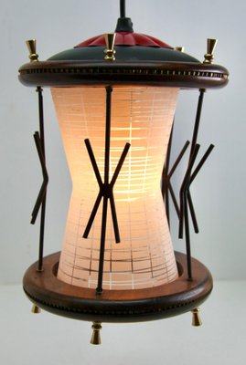 Vintage Ribbed Glass Pendant Lobby Lamp with Wooden Details, 1950s-MJY-1335164