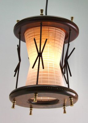 Vintage Ribbed Glass Pendant Lobby Lamp with Wooden Details, 1950s-MJY-1335164