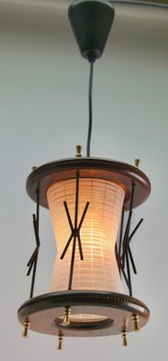 Vintage Ribbed Glass Pendant Lobby Lamp with Wooden Details, 1950s-MJY-1335164