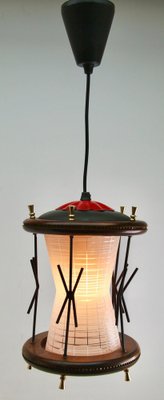 Vintage Ribbed Glass Pendant Lobby Lamp with Wooden Details, 1950s-MJY-1335164