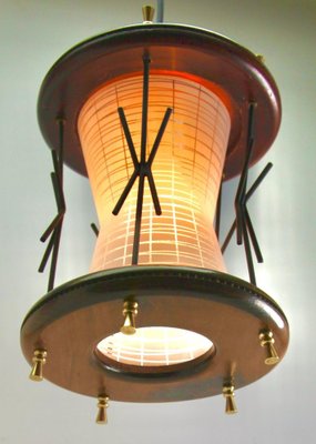 Vintage Ribbed Glass Pendant Lobby Lamp with Wooden Details, 1950s-MJY-1335164