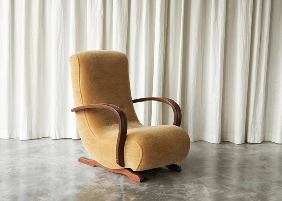 Vintage Rocking Lounge Chair in Mohair and Wood, 1930s-FEW-2024243