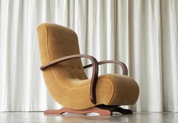 Vintage Rocking Lounge Chair in Mohair and Wood, 1930s-FEW-2024243