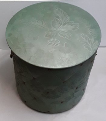 Vintage Round Plywood Trunk with Green Patterned Faux Fiber, 1950s-HOI-1146944