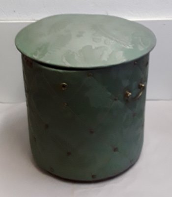 Vintage Round Plywood Trunk with Green Patterned Faux Fiber, 1950s-HOI-1146944