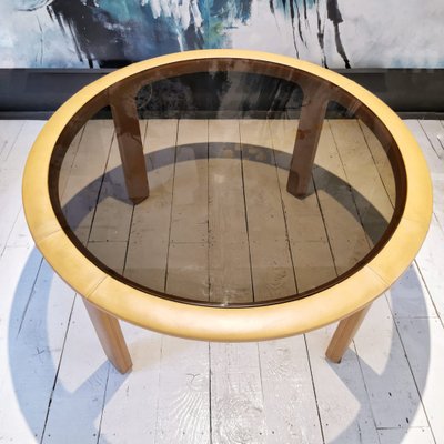 Vintage Round Table in Beige Leather and Amber Glass by Luigi Massoni, 1970s-PRS-1788229