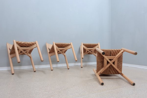 Vintage Rustic Dining Chairs with Straw Seat attributed to Renato Toso, 1970s, Set of 4-ZQ-2022564