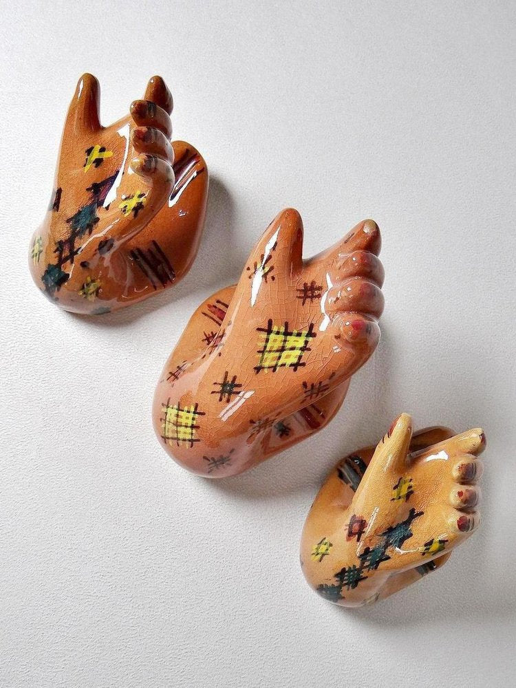 Vintage Safi Pottery Hand Wall Hooks, Set of 3