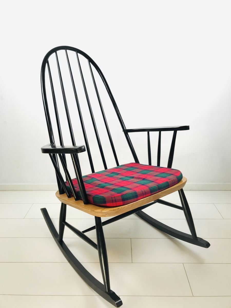 Vintage Scandinavian Black Beech & Oak Rocking Chair, 1960s