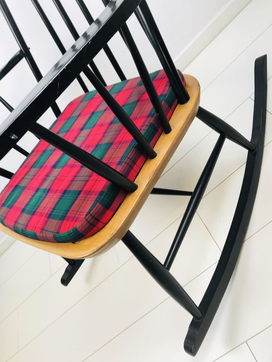 Vintage Scandinavian Black Beech & Oak Rocking Chair, 1960s