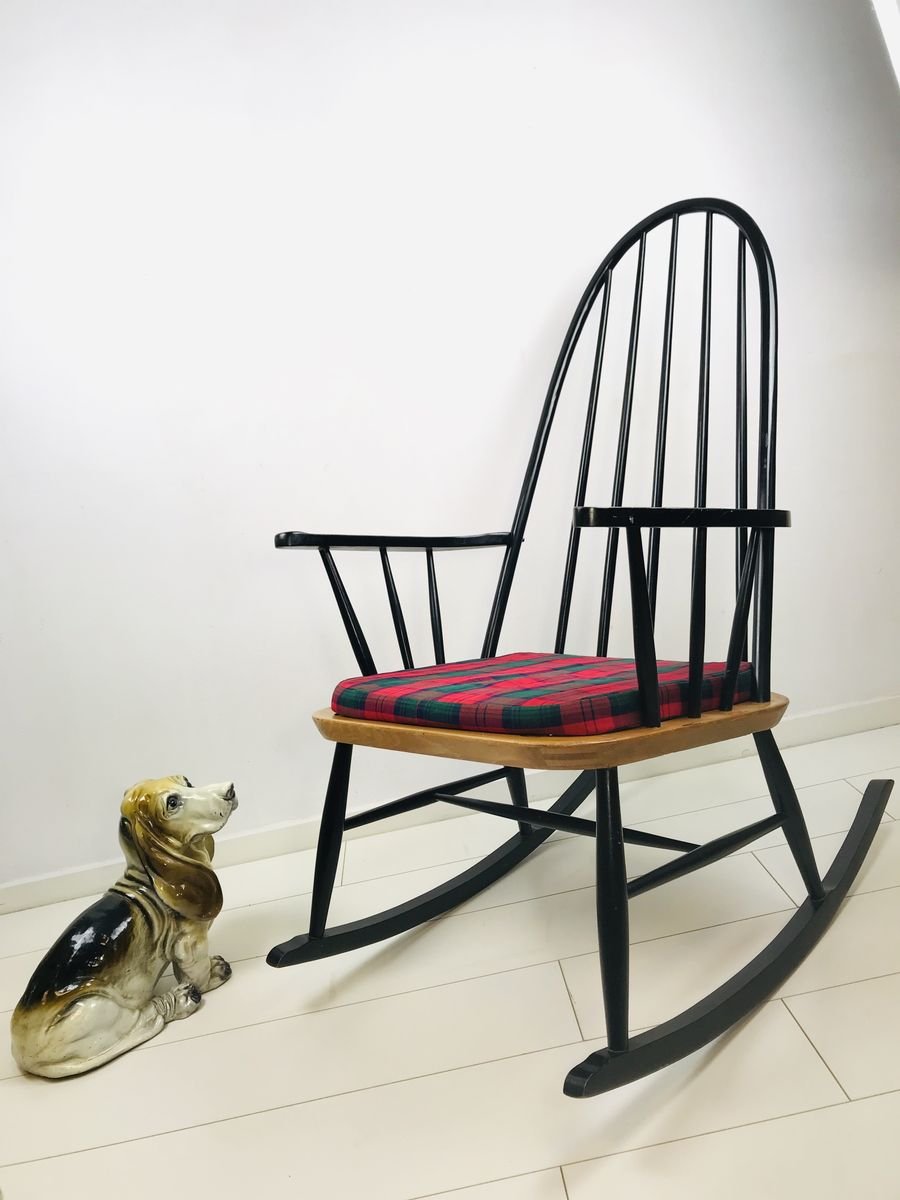 Vintage Scandinavian Black Beech & Oak Rocking Chair, 1960s