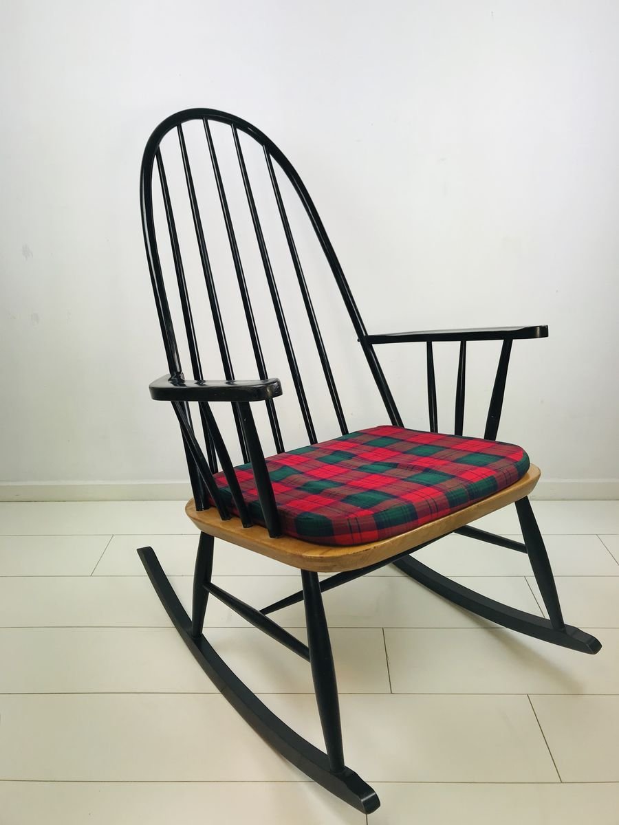 Vintage Scandinavian Black Beech & Oak Rocking Chair, 1960s