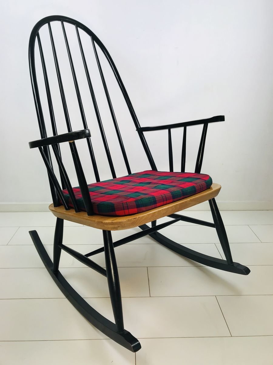 Vintage Scandinavian Black Beech & Oak Rocking Chair, 1960s