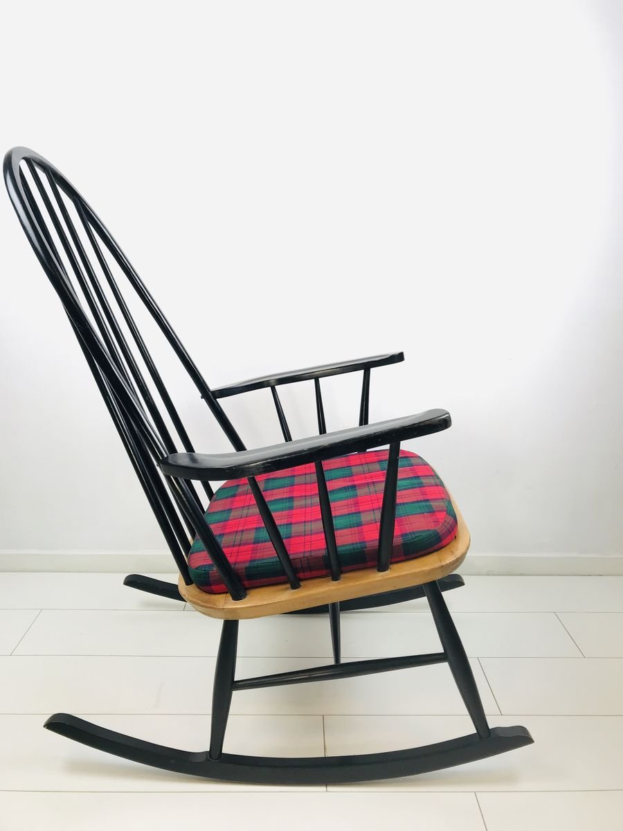 Vintage Scandinavian Black Beech & Oak Rocking Chair, 1960s