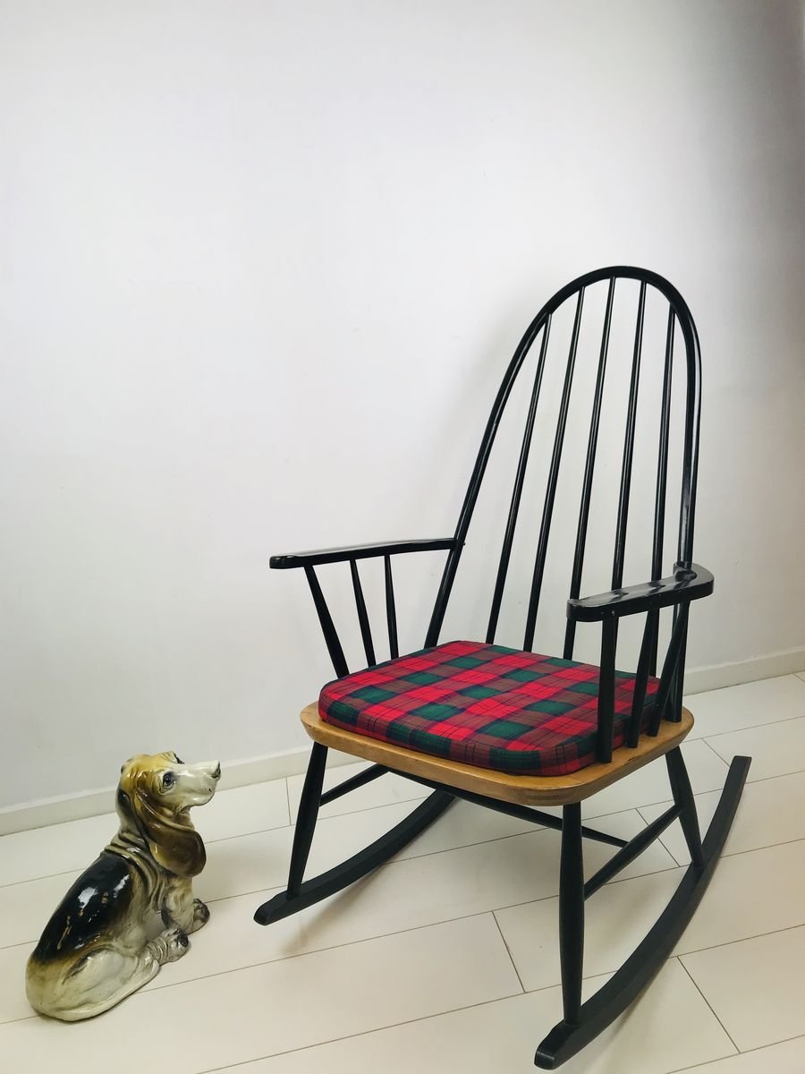 Vintage Scandinavian Black Beech & Oak Rocking Chair, 1960s