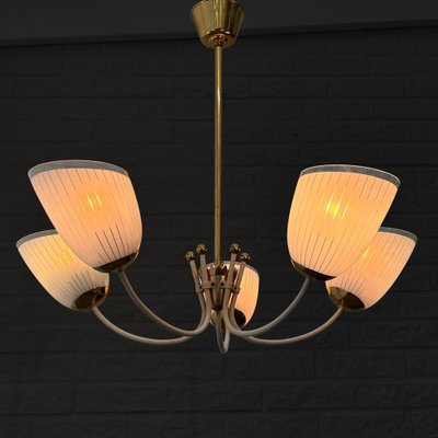 Vintage Scandinavian Five Arm Chandelier in Brass and Glass, Sweden, 1930s-LIV-2036201