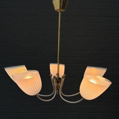 Vintage Scandinavian Five Arm Chandelier in Brass and Glass, Sweden, 1930s-LIV-2036201