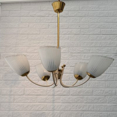 Vintage Scandinavian Five Arm Chandelier in Brass and Glass, Sweden, 1930s-LIV-2036201