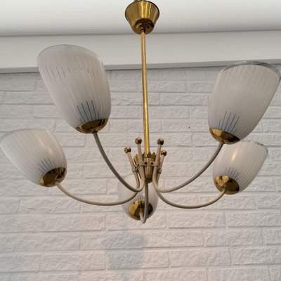 Vintage Scandinavian Five Arm Chandelier in Brass and Glass, Sweden, 1930s-LIV-2036201