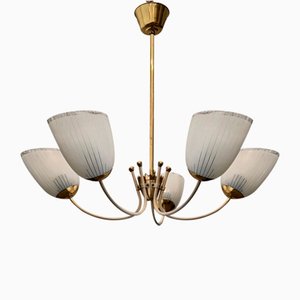 Vintage Scandinavian Five Arm Chandelier in Brass and Glass, Sweden, 1930s-LIV-2036201