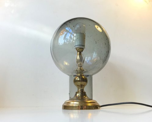 Vintage Scandinavian Gray Glass and Brass Table Lamp, 1970s-LCR-709678