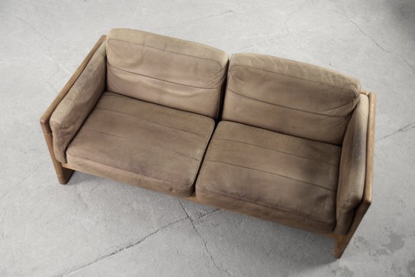 Vintage Scandinavian Mid-Century Modern Leather and Oak Sofa, 1970s-ZAA-1132143