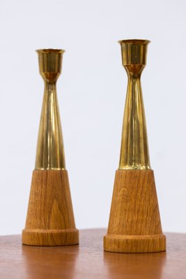 Vintage Scandinavian Oak & Brass Candlesticks, 1960s, Set of 2-TM-1695093