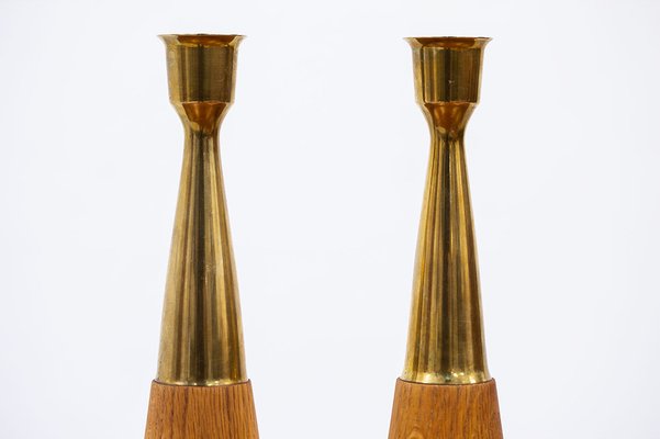 Vintage Scandinavian Oak & Brass Candlesticks, 1960s, Set of 2-TM-1695093