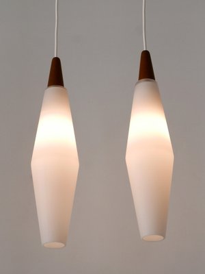 Vintage Scandinavian Opaline Glass and Teak Pendant Lamps, 1960s, Set of 2-WPT-1725565