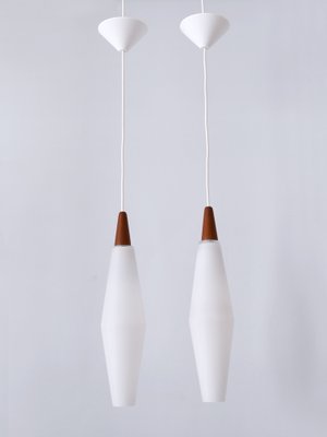 Vintage Scandinavian Opaline Glass and Teak Pendant Lamps, 1960s, Set of 2-WPT-1725565