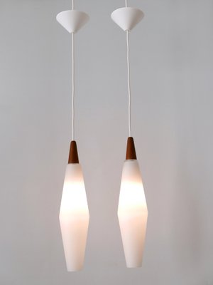 Vintage Scandinavian Opaline Glass and Teak Pendant Lamps, 1960s, Set of 2-WPT-1725565