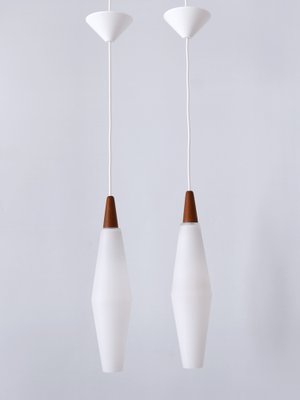 Vintage Scandinavian Opaline Glass and Teak Pendant Lamps, 1960s, Set of 2-WPT-1725565