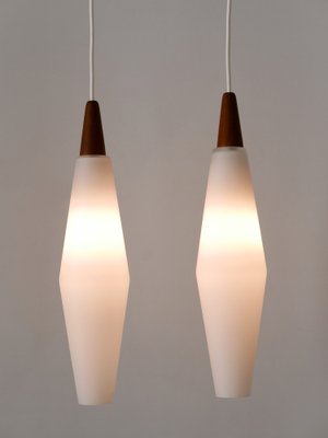 Vintage Scandinavian Opaline Glass and Teak Pendant Lamps, 1960s, Set of 2-WPT-1725565