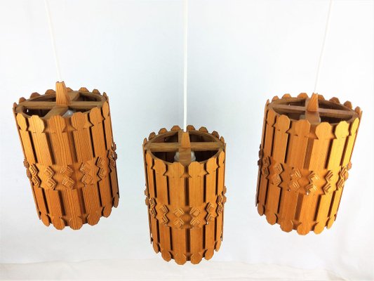 Vintage Scandinavian Pine Ceiling Lamps, 1960s, Set of 3-YBU-699672