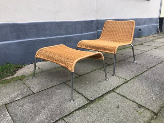 Vintage Scandinavian Rattan and Chromed Steel Lounge Chair and Ottoman Set, 1970s-LCR-569329