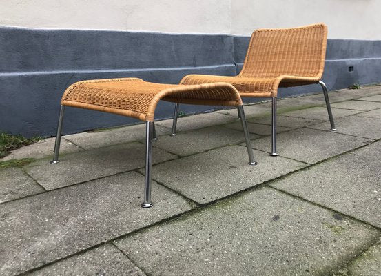 Vintage Scandinavian Rattan and Chromed Steel Lounge Chair and Ottoman Set, 1970s-LCR-569329