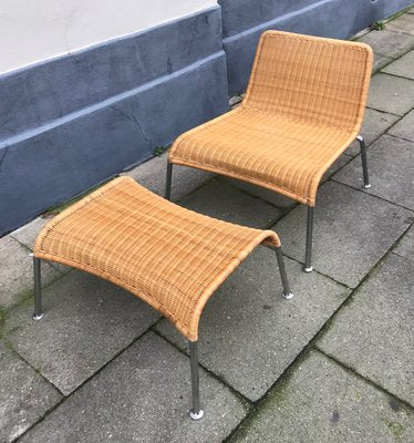 Vintage Scandinavian Rattan and Chromed Steel Lounge Chair and Ottoman Set, 1970s-LCR-569329