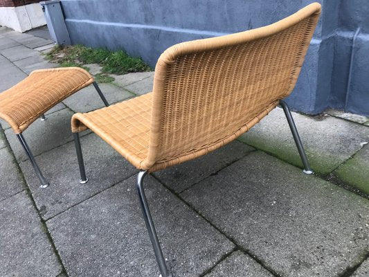 Vintage Scandinavian Rattan and Chromed Steel Lounge Chair and Ottoman Set, 1970s-LCR-569329