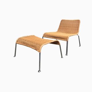 Vintage Scandinavian Rattan and Chromed Steel Lounge Chair and Ottoman Set, 1970s-LCR-569329